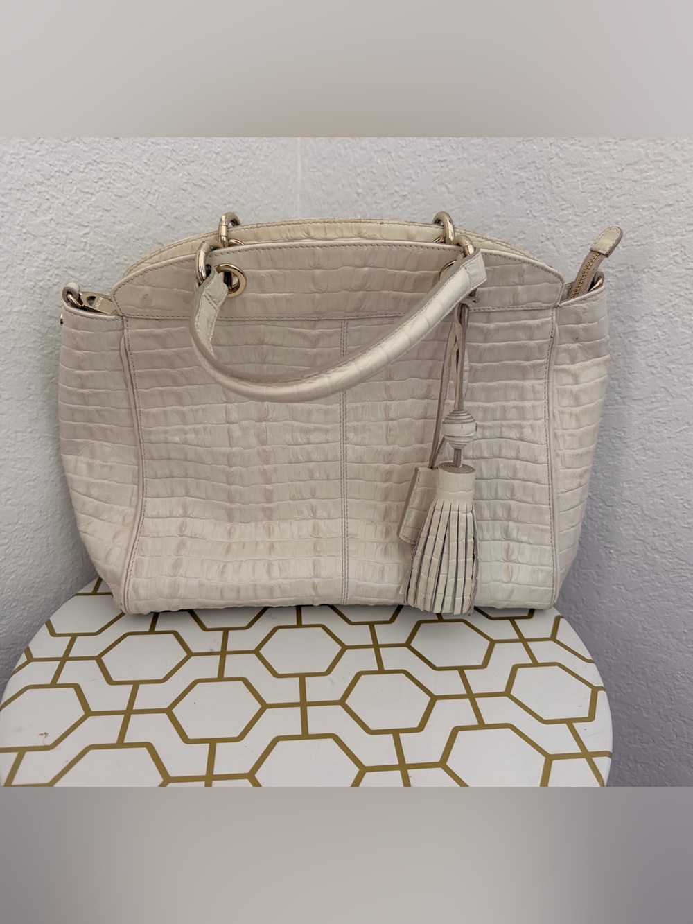 Brahmin Cream Croc-Embossed Tote with Tassel